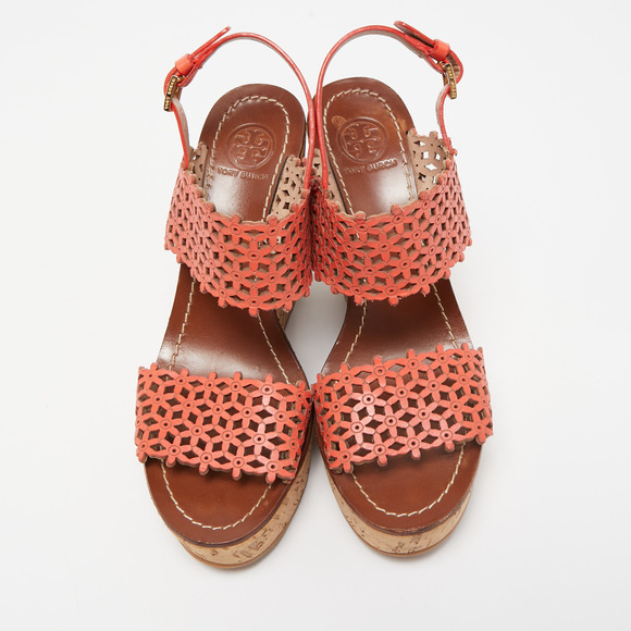 Tory Burch Orange Perforated Leather Daisy Cork Wedge Sandals Size 37 - Picture 2 of 8
